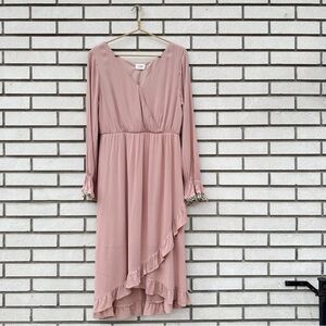 143 Story Blush Rose Long Sleeve Lace Trim Faux Wrap Elastic Waist Midi Dress